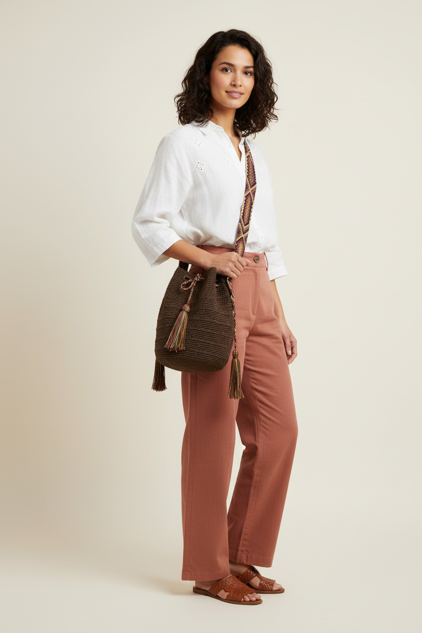Modelo con bolsa Wayuu artesanal