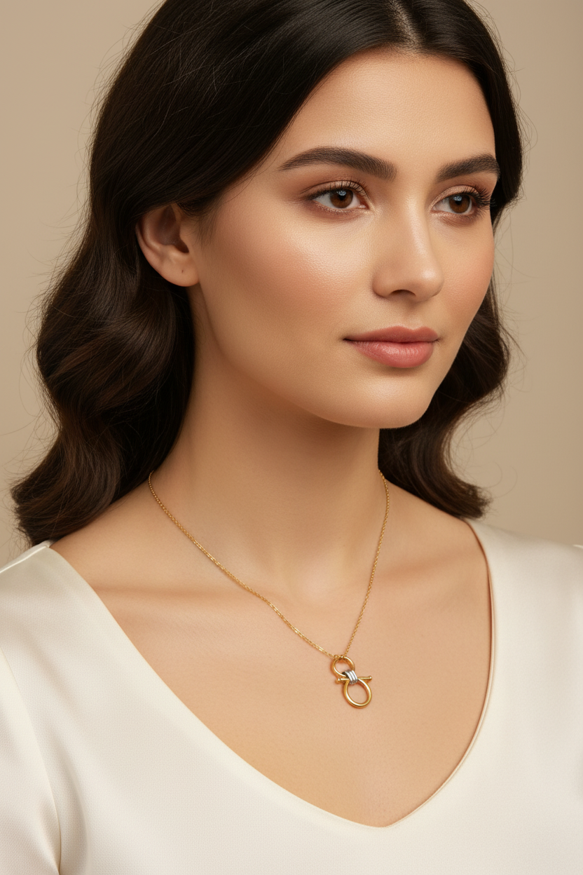 Modelo con collar dije geométrico bicolor