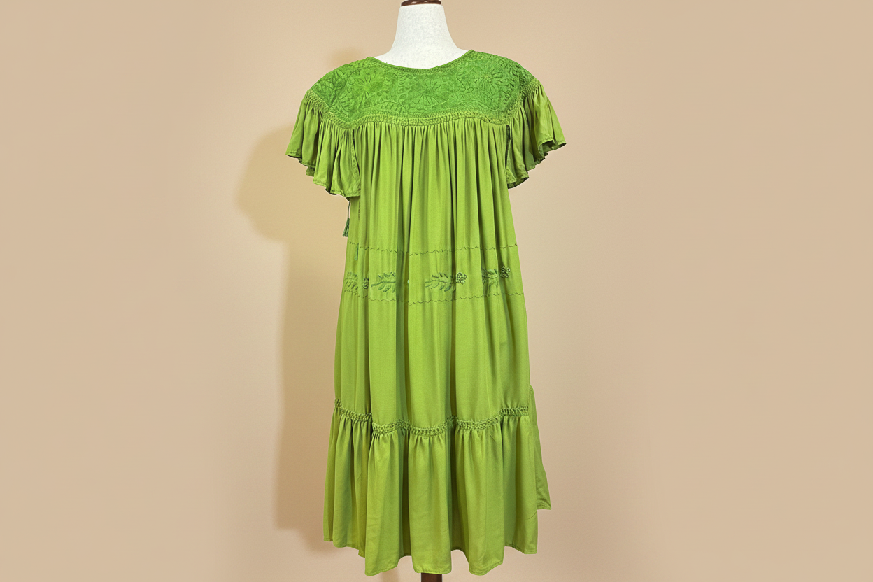 Vestido Rococo Fino Verde - Vista frontal fondo beige