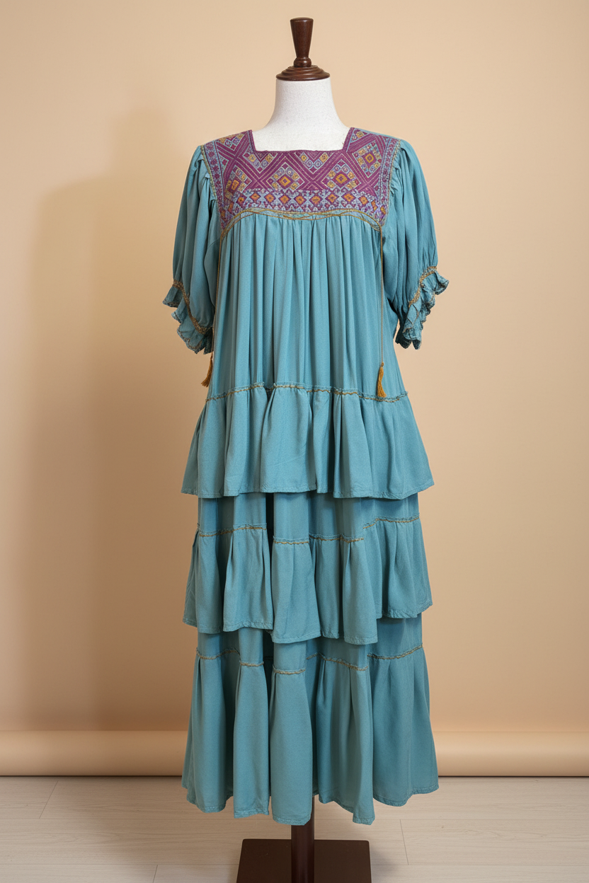 Vestido turquesa sin bordado — fondo beige