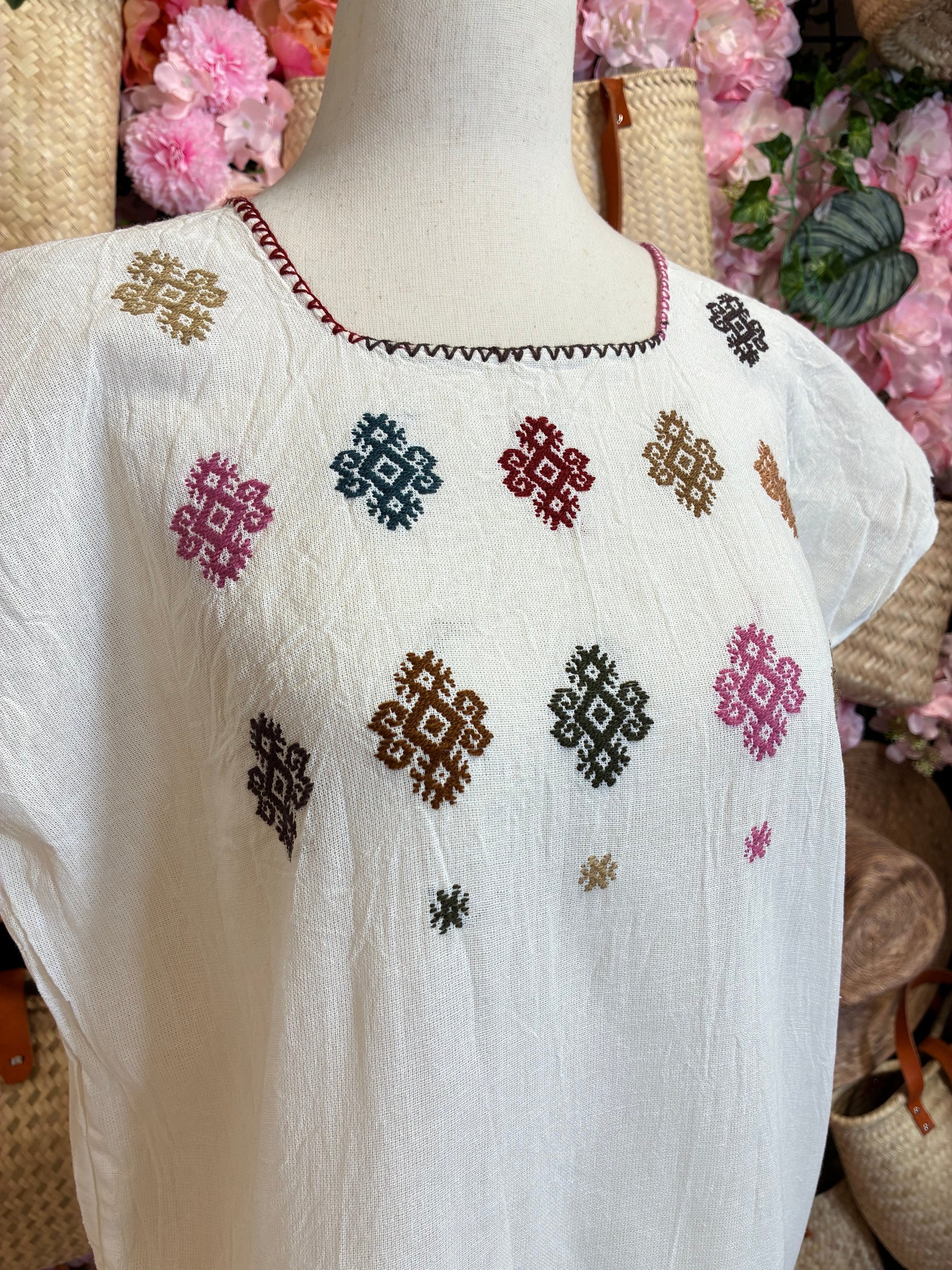 Detalle de bordado multicolor geométrico artesanal en blusa blanca