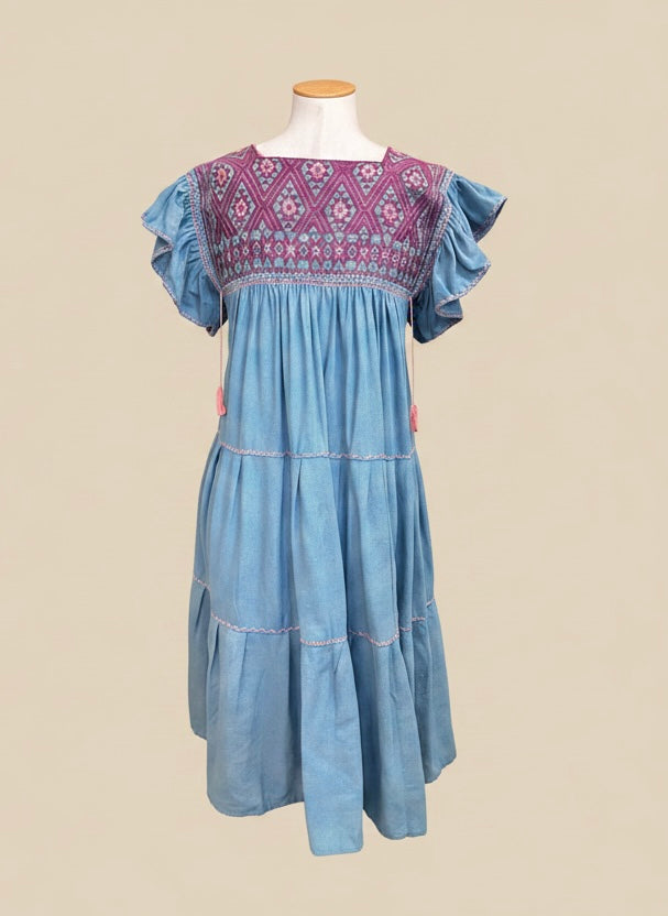 Vestido San Andrés en Lino Azul Manga de Mariposa