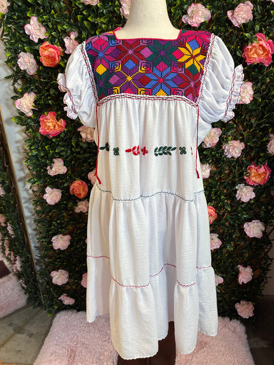 Vestido Lino Bordado Punto de Cruz