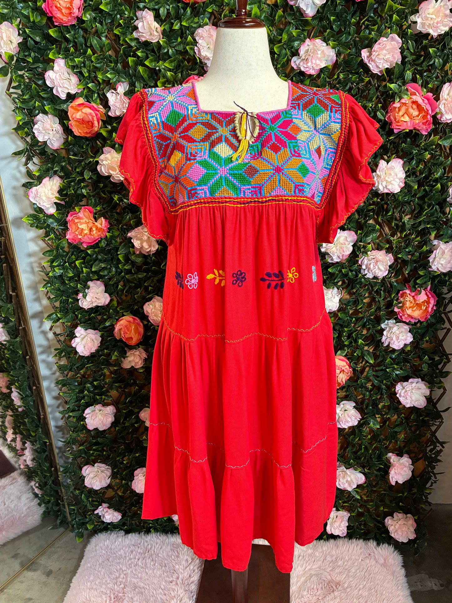 Vestido Lino Bordado Punto de Cruz