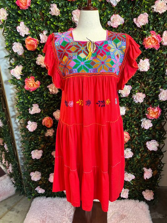 Vestido Lino Bordado Punto de Cruz
