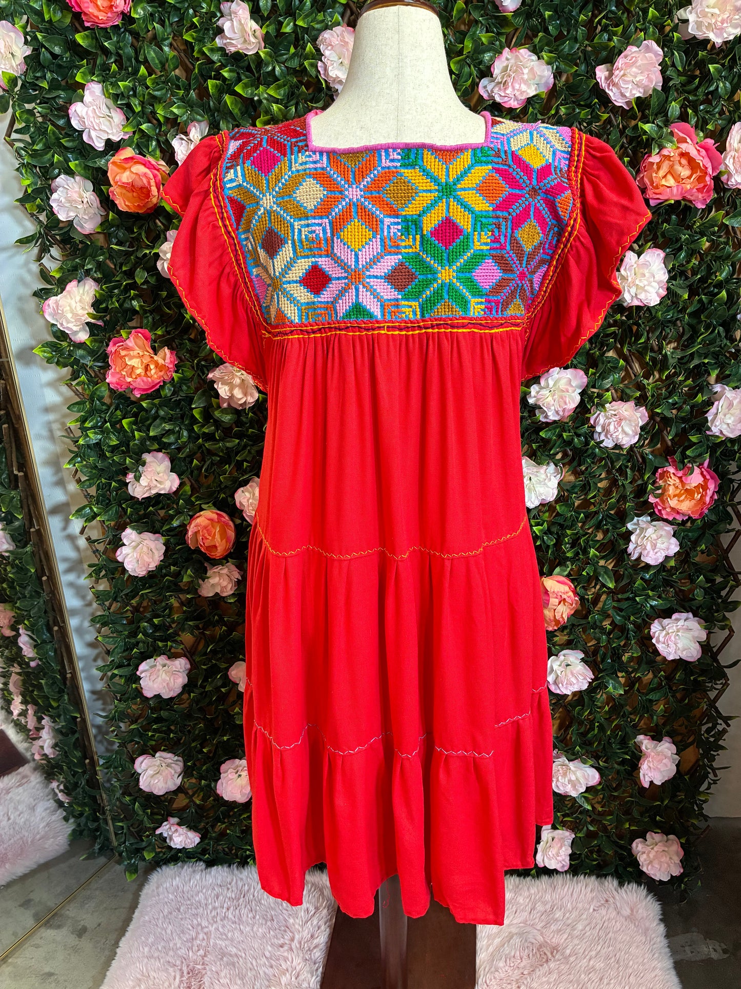 Vestido Lino Bordado Punto de Cruz