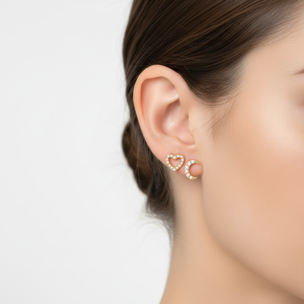 Aretes Corazón y Luna en modelo
