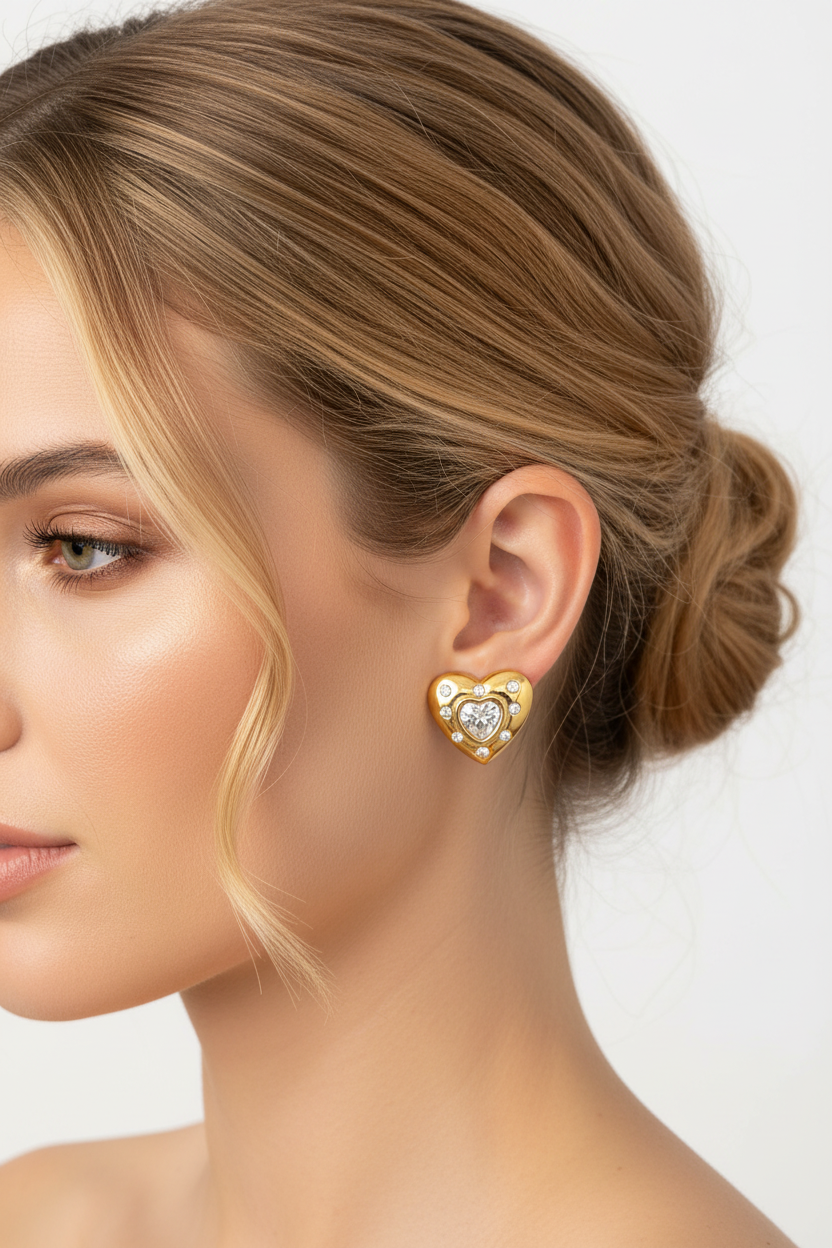 Aretes de corazón con zirconia en modelo