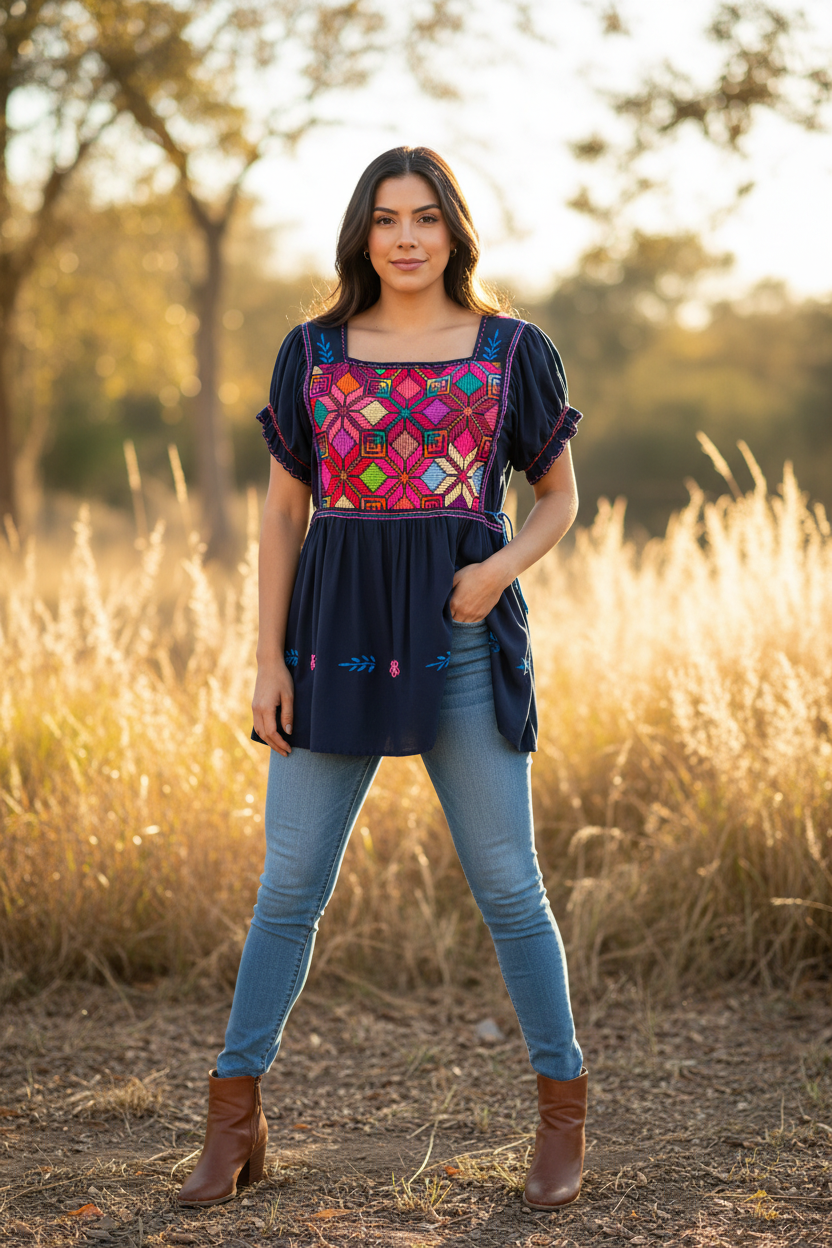 Blusón azul marino punto de cruz con jeans y botas sin colgantes - fotografía editorial lifestyle