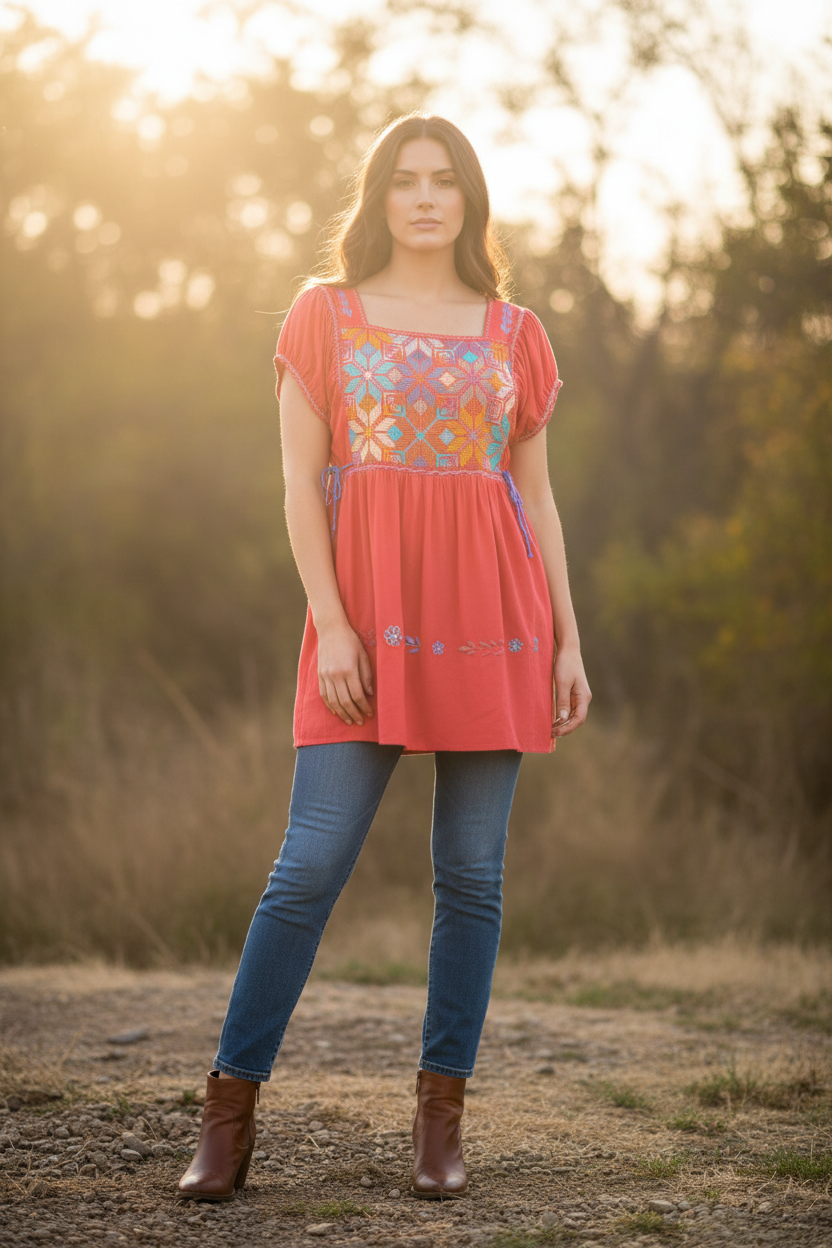 Blusón coral punto de cruz con jeans y botas - fotografía editorial