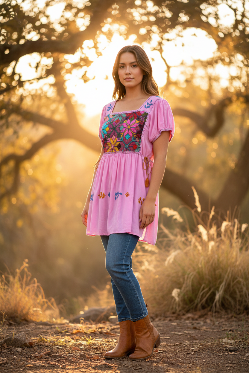 Blusón rosa punto de cruz con jeans y botas - fotografía editorial lifestyle