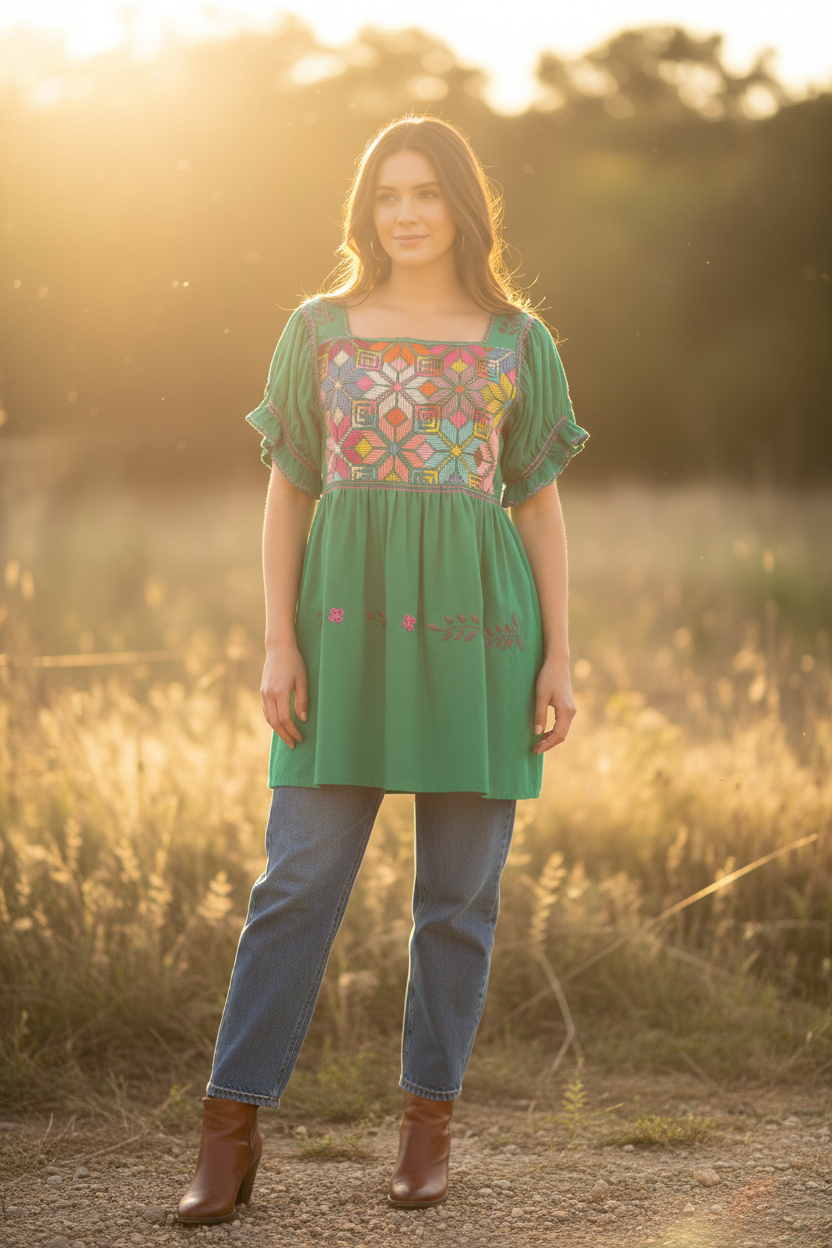 Blusón verde punto de cruz manga muy corta con jeans y botas - fotografía editorial lifestyle