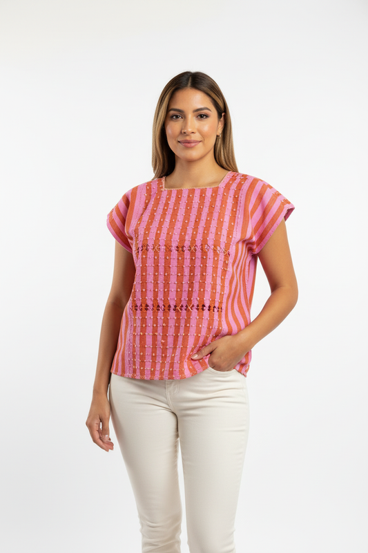 Blusa artesanal rayas rosa y ladrillo con nudito beige en modelo