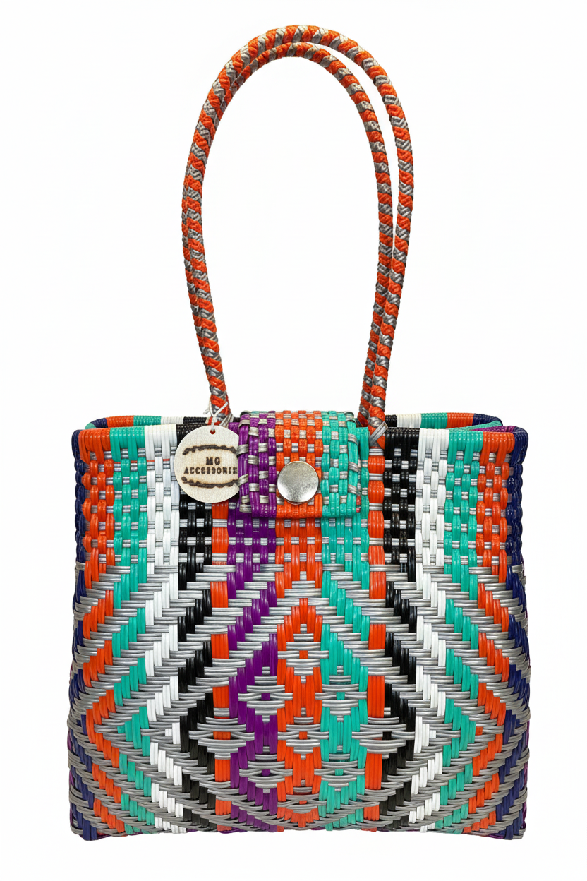Bolsa artesanal con patrón geométrico multicolor con fondo blanco