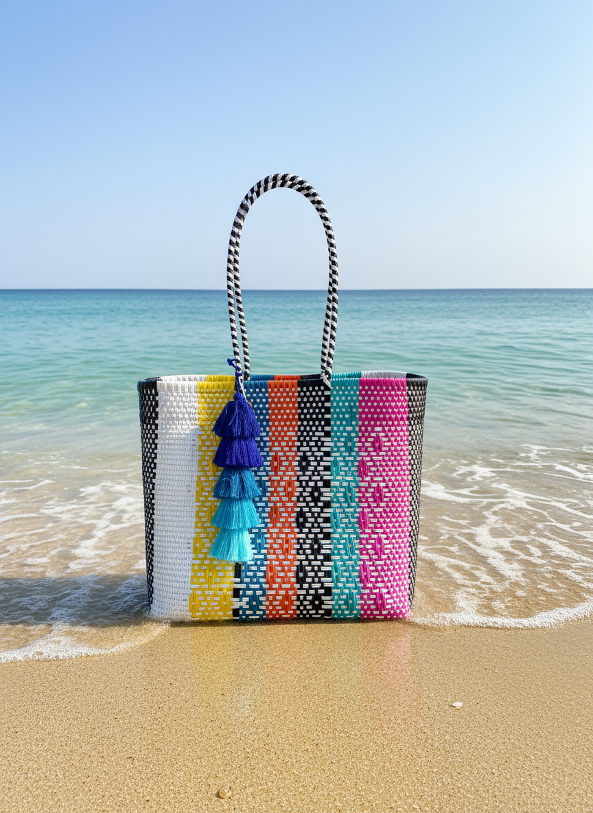 Bolsa artesanal con rayas y borlas vista frontal en la playa