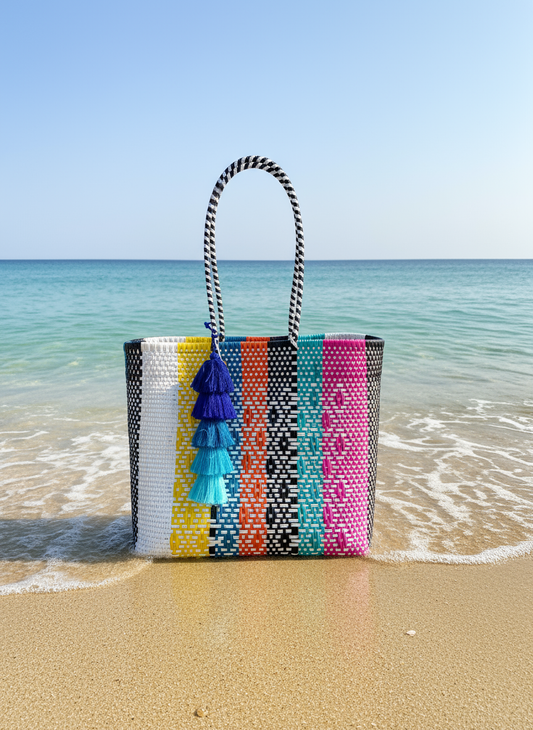 Bolsa artesanal con rayas y borlas vista frontal en la playa