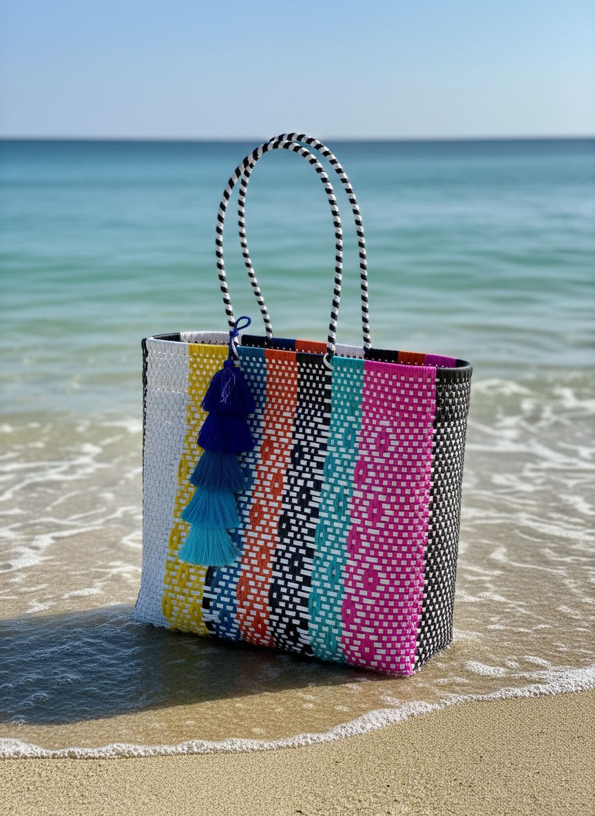 Bolsa artesanal con rayas y borlas vista lateral en la playa