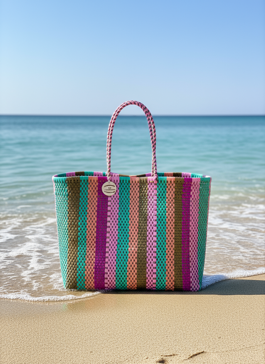 Bolsa artesanal de rayas en la playa