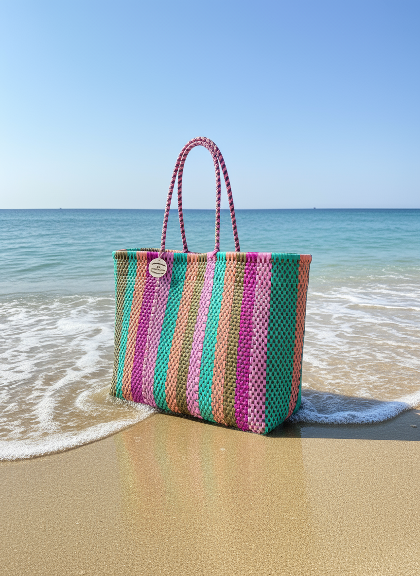 Bolsa artesanal de rayas vista lateral en la playa