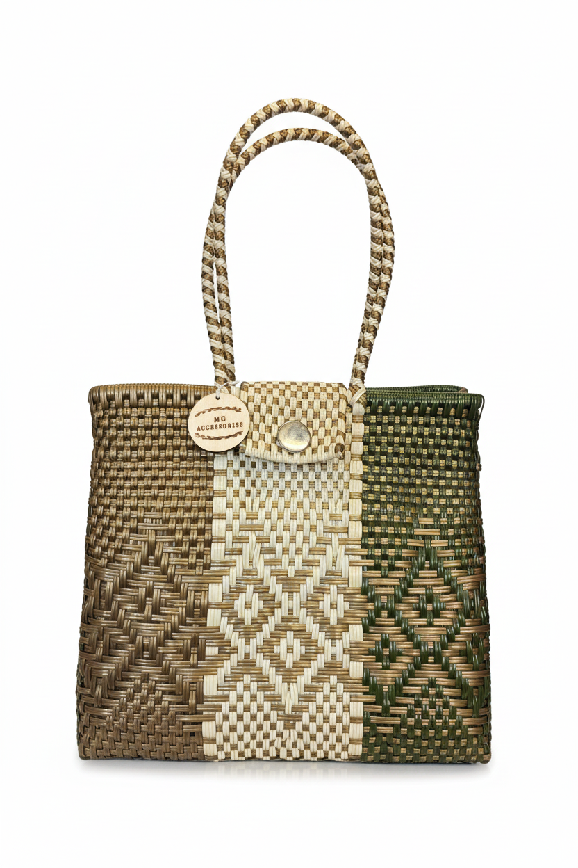 Bolsa artesanal en tonos tierra con fondo blanco