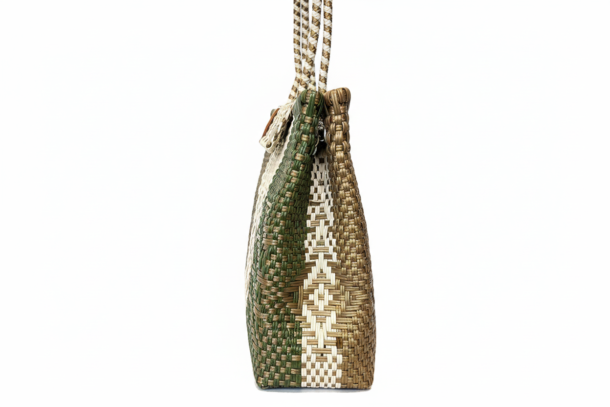 Bolsa artesanal en tonos tierra vista lateral con fondo blanco
