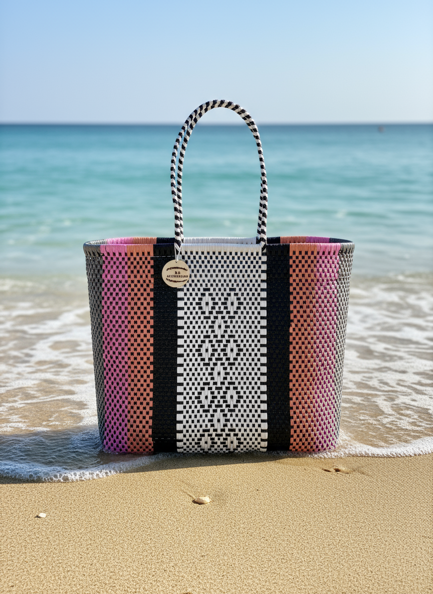 Bolsa artesanal mexicana vista frontal en la playa