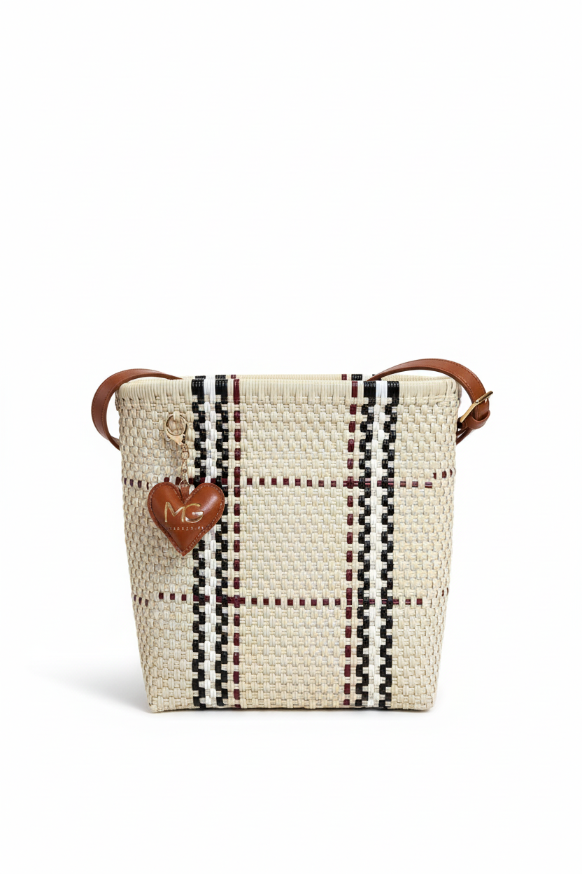 Bolsa Blanquita Cuadros Clásico fondo blanco con correa café