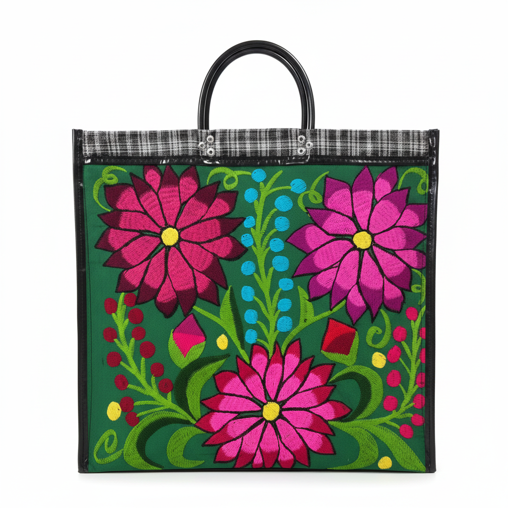 Bolsa Mandado Flores Verde Negra fondo blanco