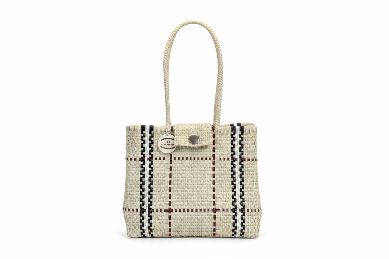 Bolsa María beige, blanco, negro y guinda con fondo blanco