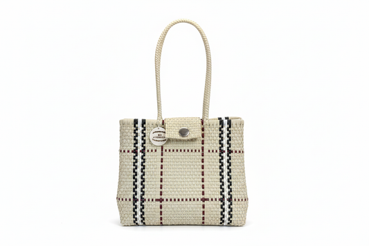 Bolsa María beige, blanco, negro y guinda con fondo blanco