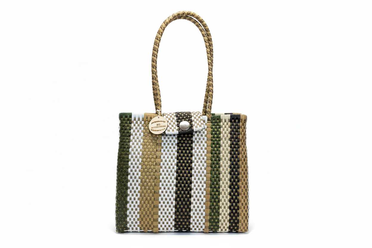 Bolsa María verde olivo, khaki, blanco, negro y oro con fondo blanco