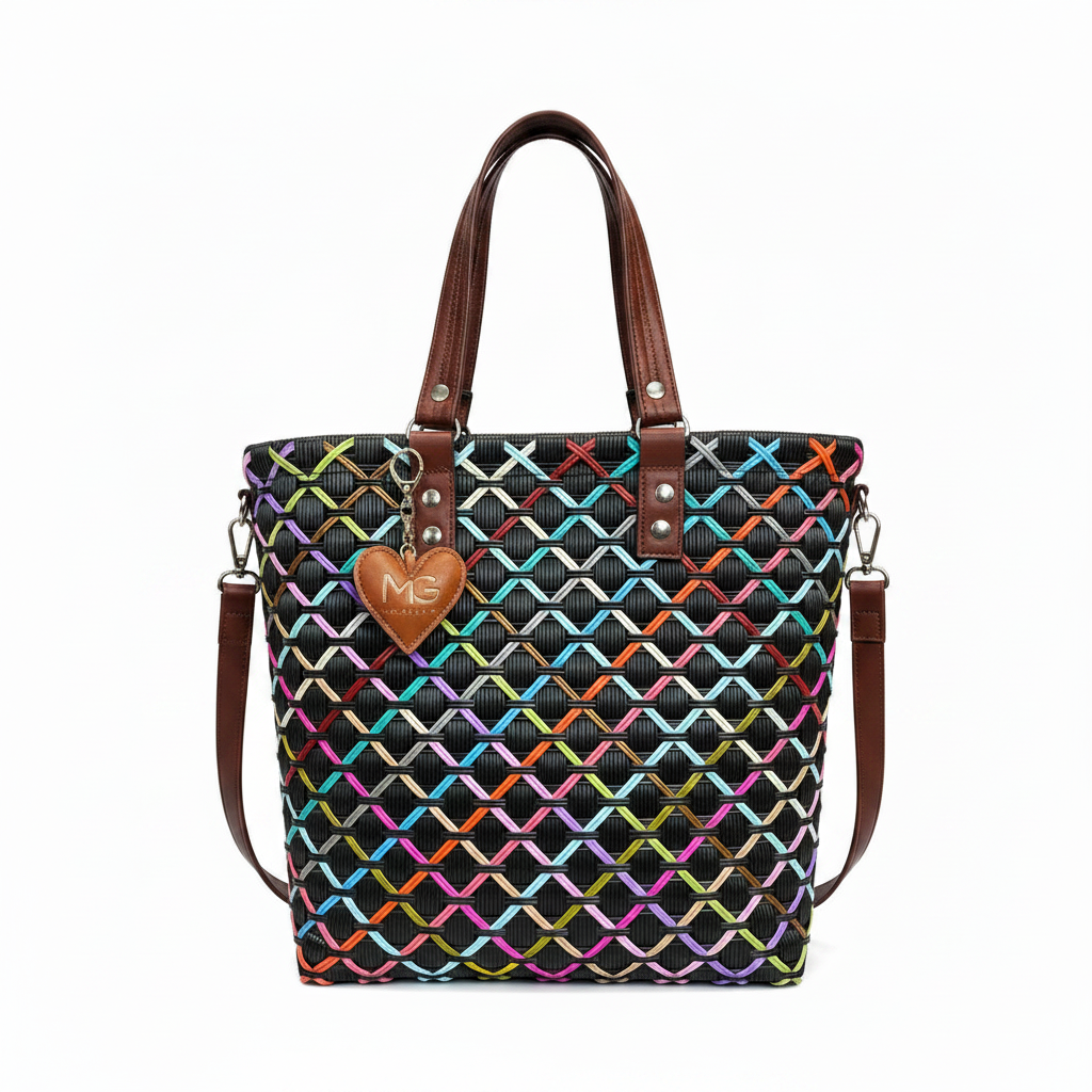 Bolsa negra multicolor con correa trasera