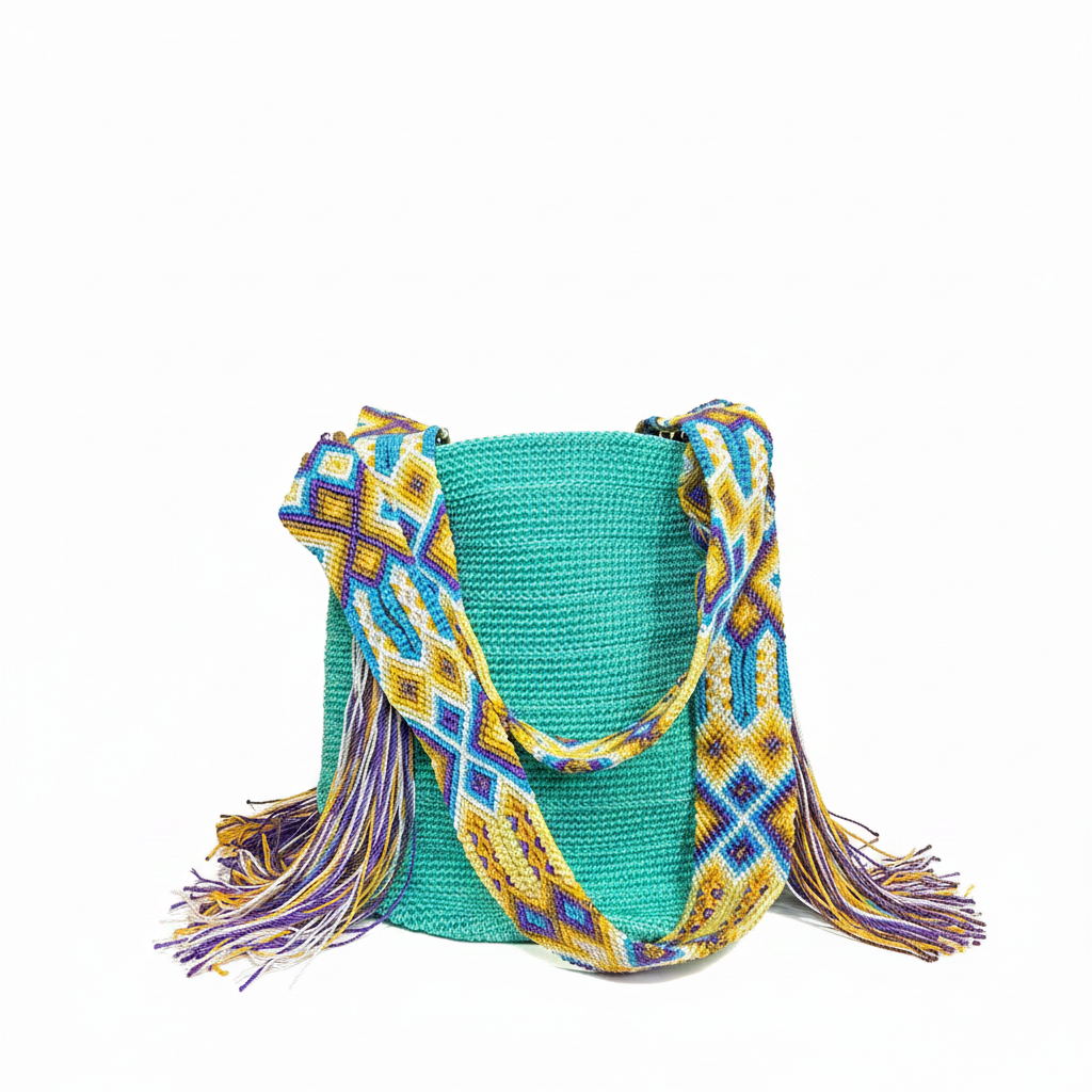 Bolsa Wayuu Turquesa fondo blanco