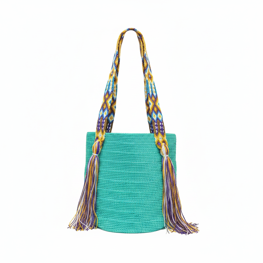 Bolsa Wayuu Turquesa vista lateral fondo blanco
