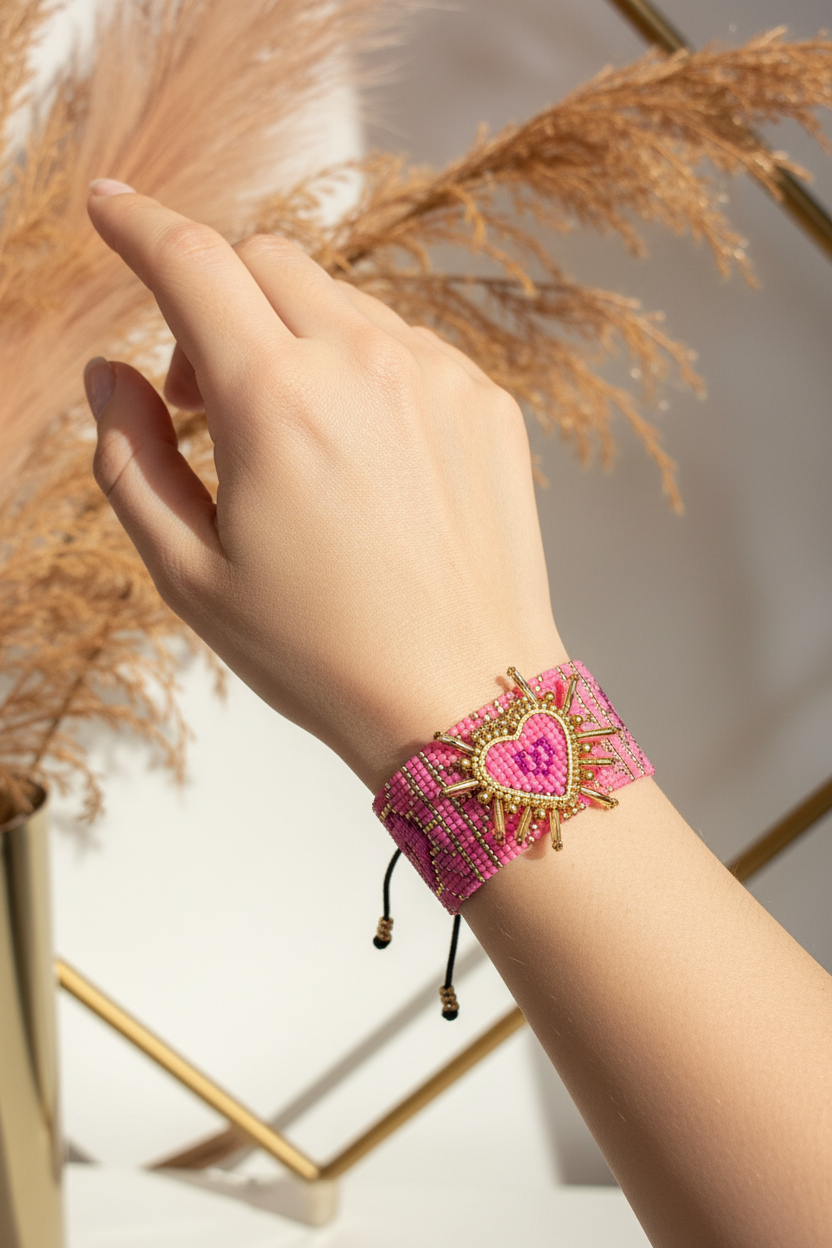 Brazalete miyuki rosa puesto en mano