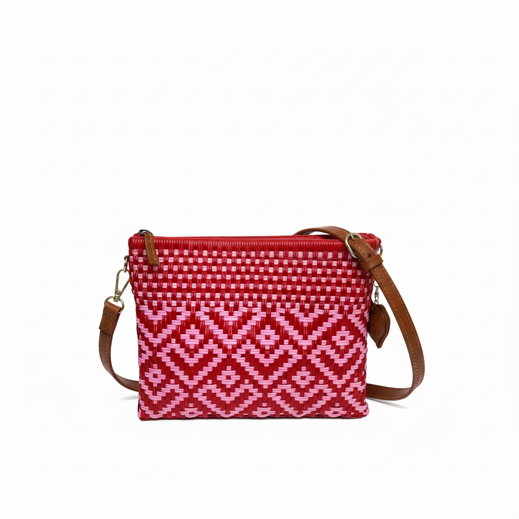 Clutch rojo y rosa con correa café