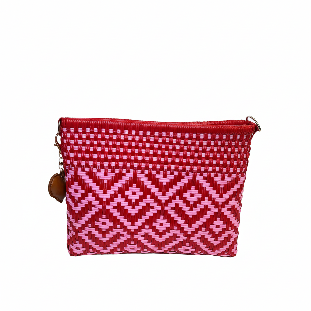 Clutch rojo y rosa vista frontal con fondo blanco