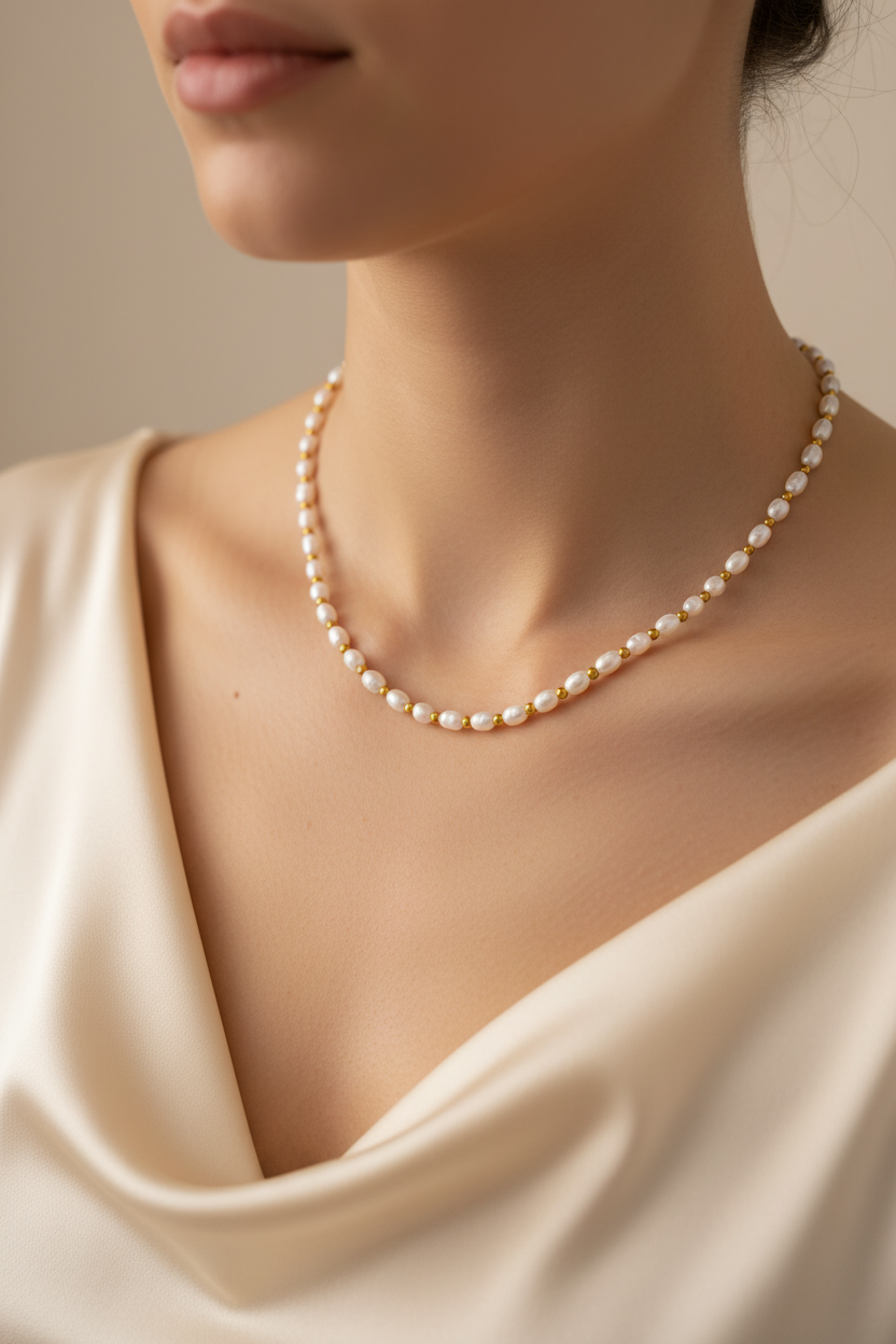 Collar Perla de Río en modelo