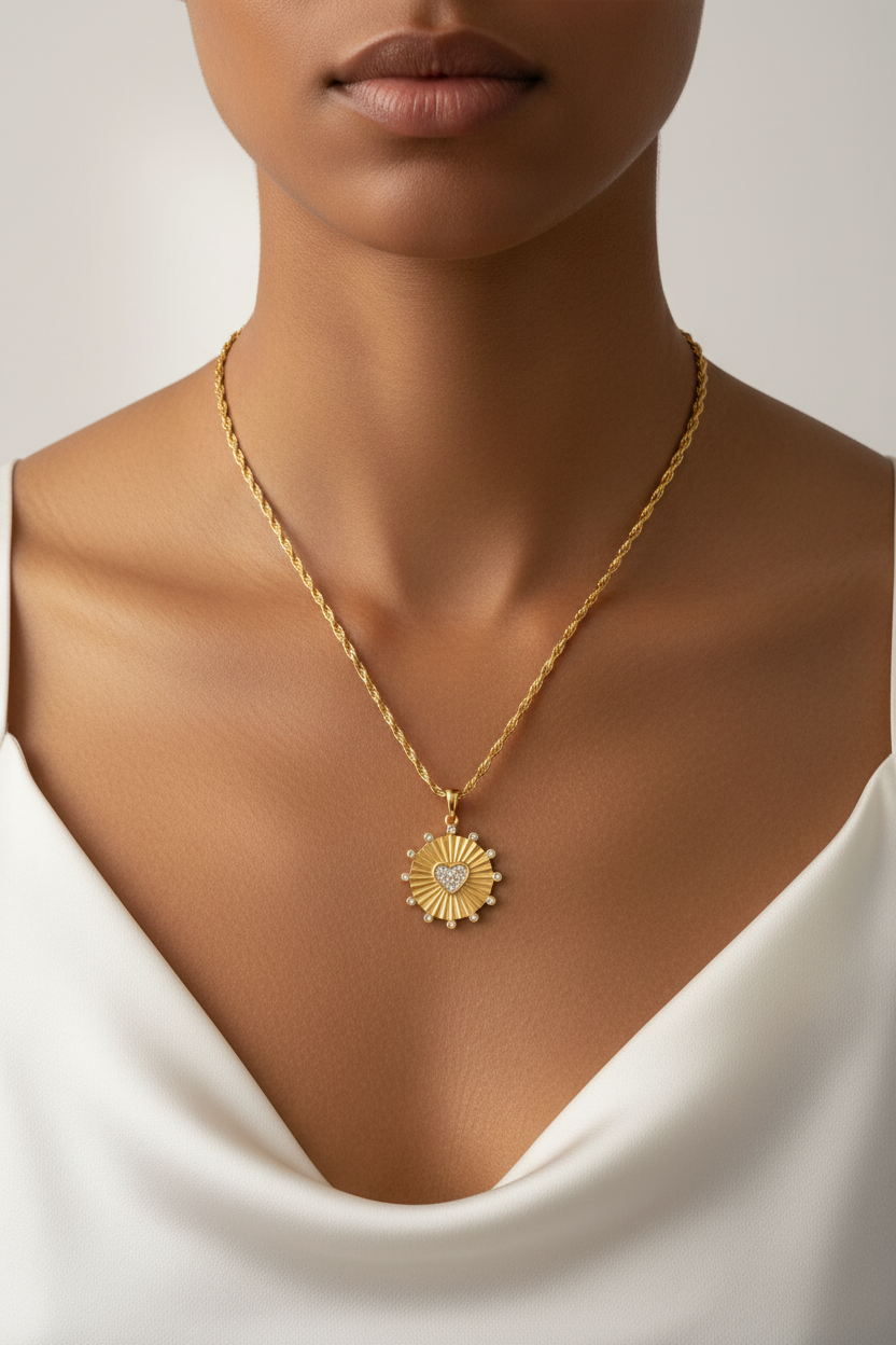 Collar Sol en modelo morena clara estilo minimalista