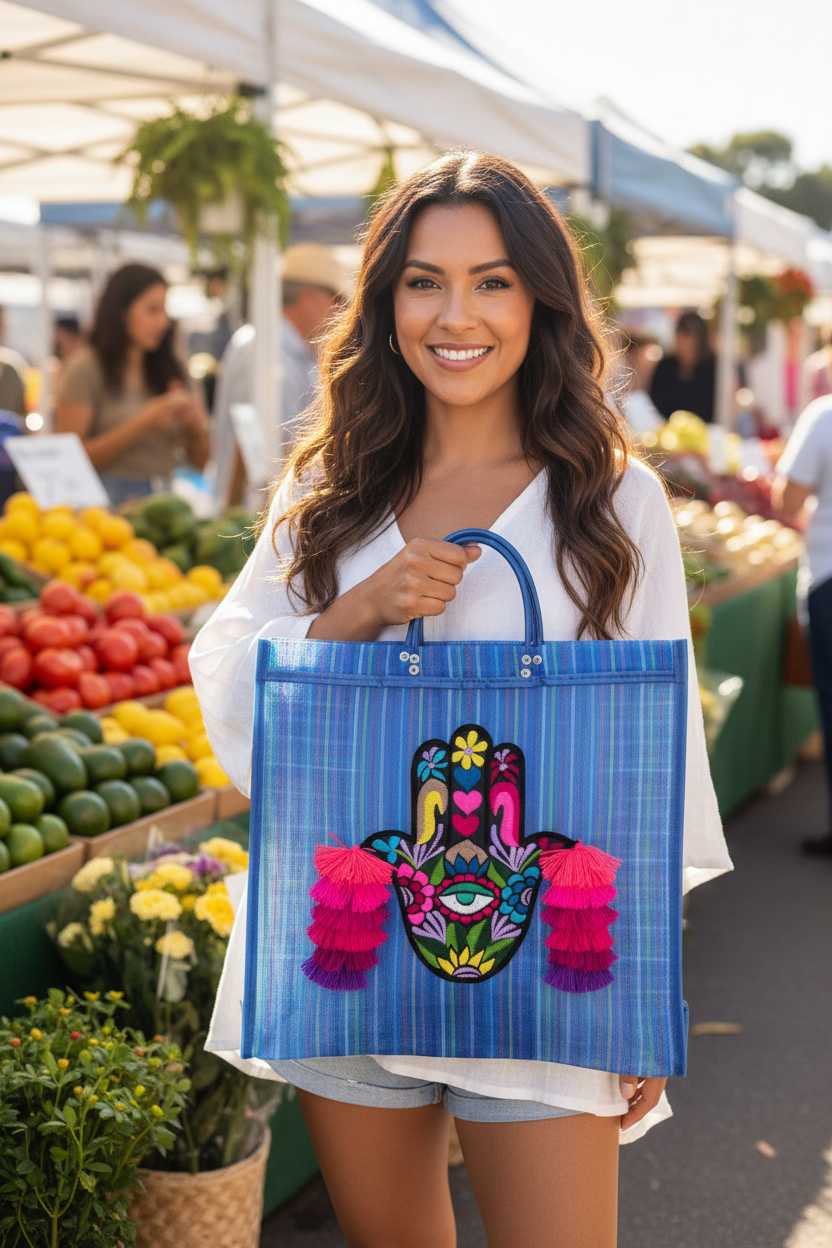 Modelo con bolsa azul en farmers market