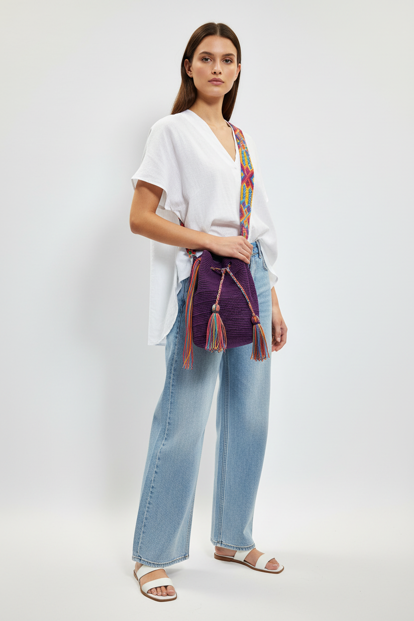 Modelo con bolsa Wayuu morada