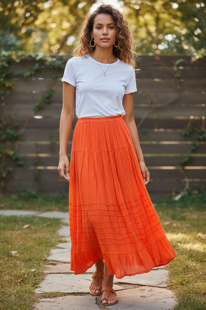 Modelo con falda naranja