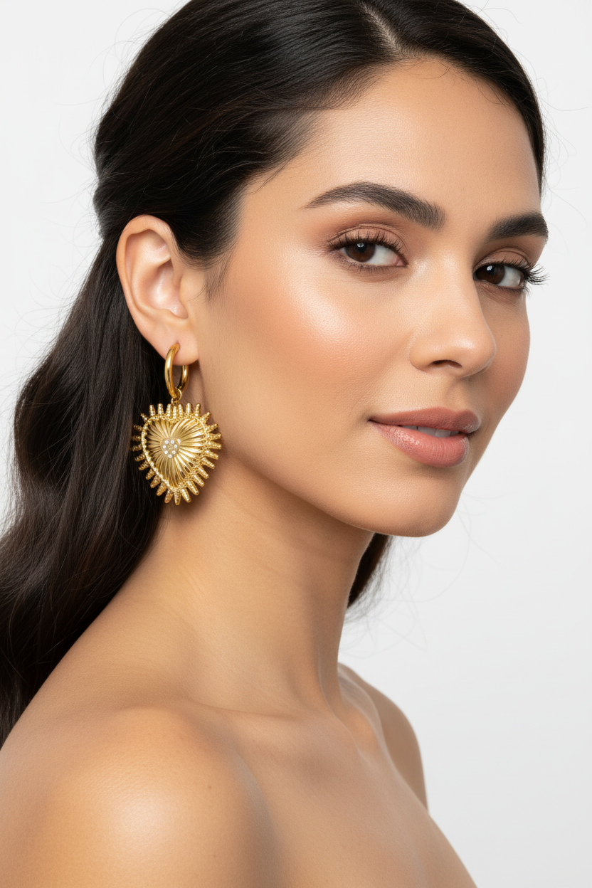 Modelo usando aretes argolla con corazón sagrado