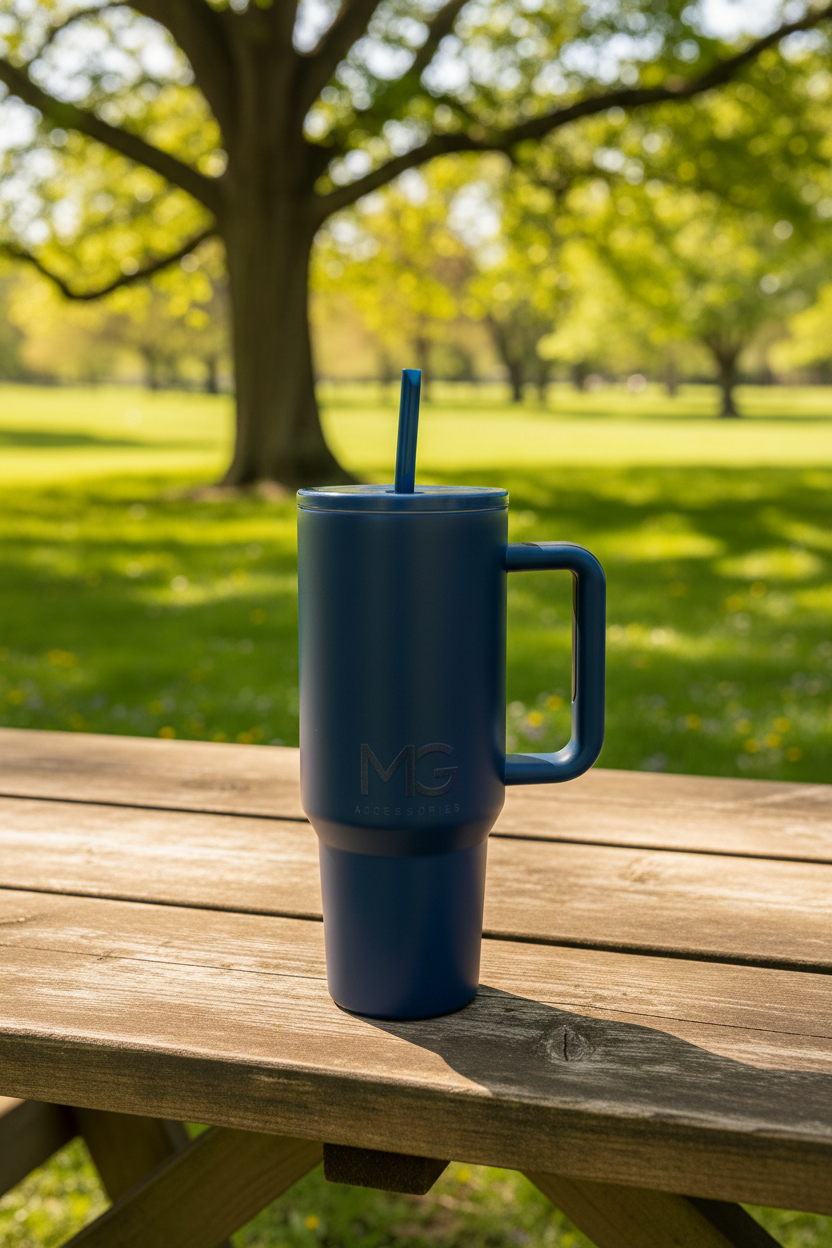 Vaso azul navy en parque con mesa de madera