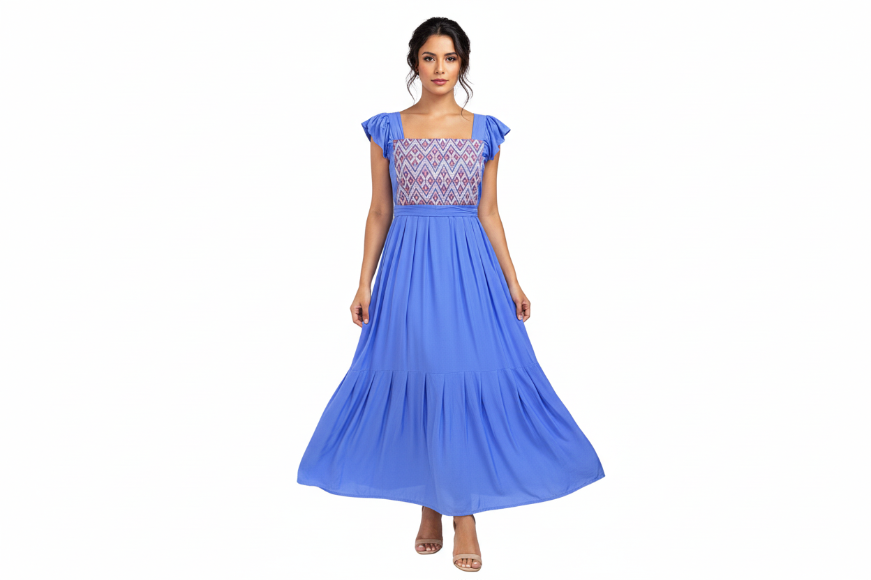 Vestido azul bordado en modelo