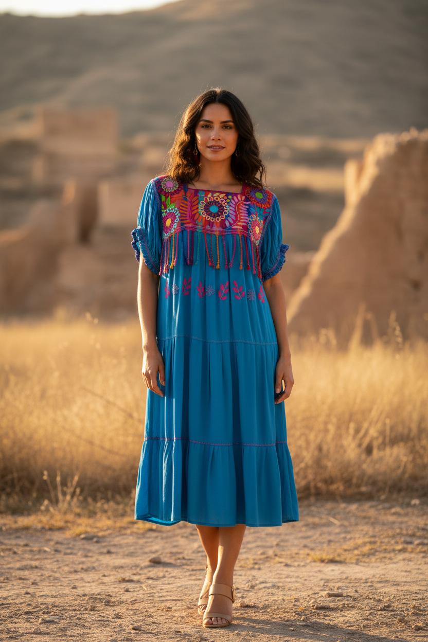 Vestido azul bordado rococó superior midi en modelo - fotografía editorial