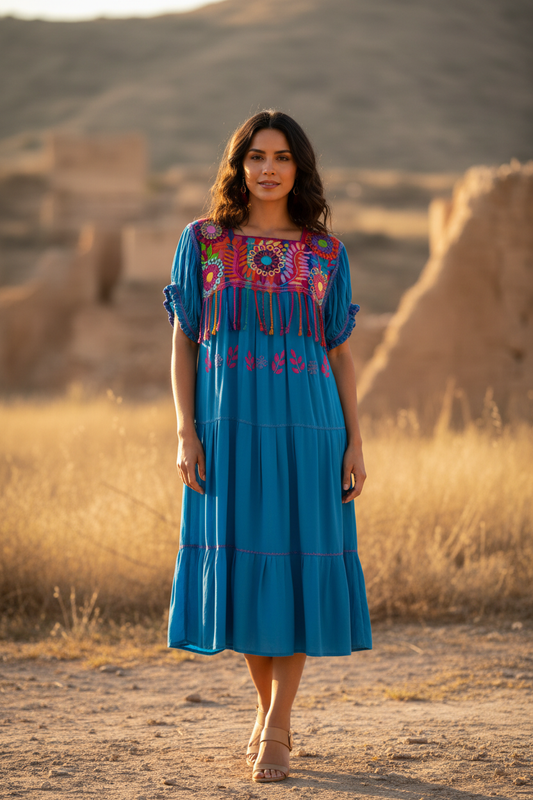 Vestido azul bordado rococó superior midi en modelo - fotografía editorial