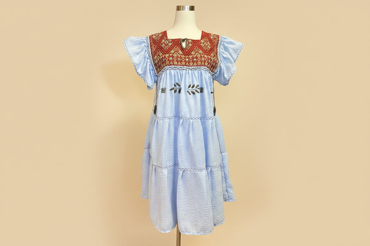 Vestido azul cielo - Fondo beige frontal