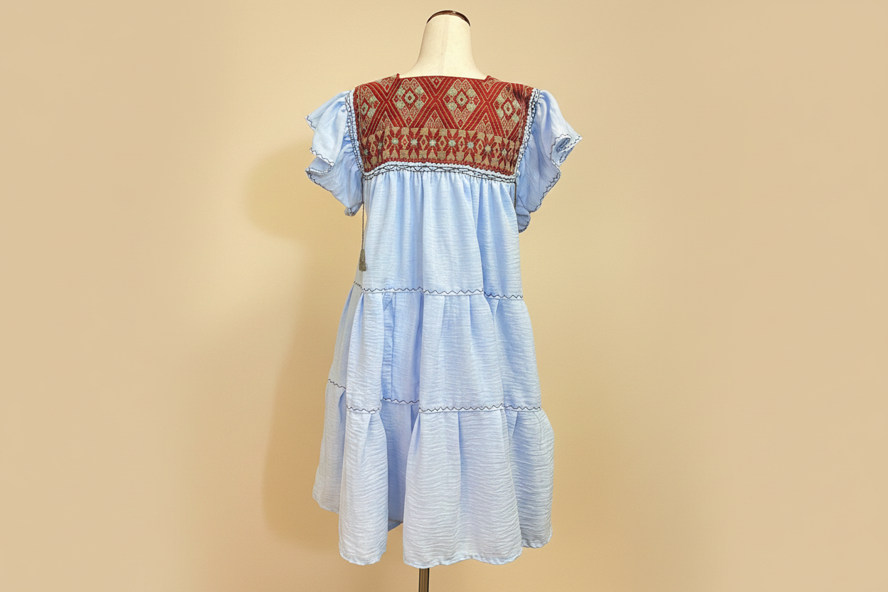 Vestido azul cielo - Fondo beige trasera