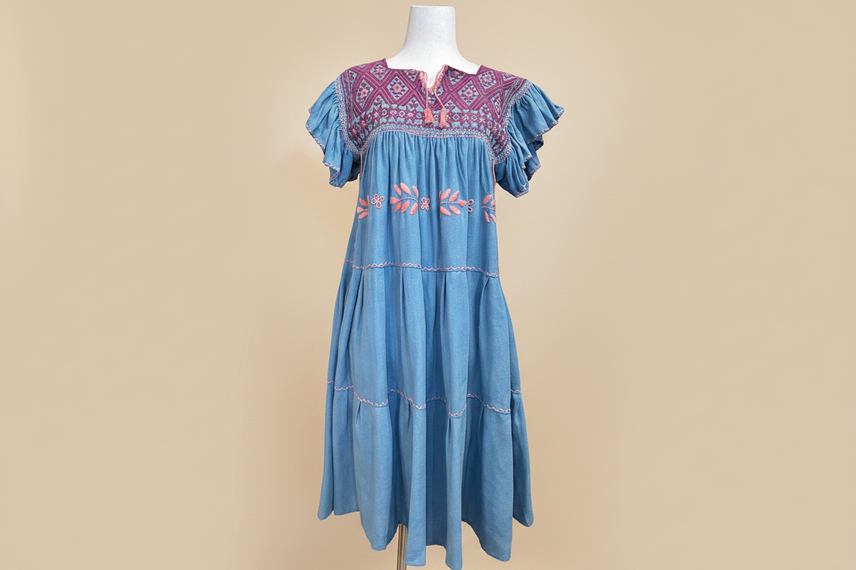 Vestido azul - Fondo beige frontal